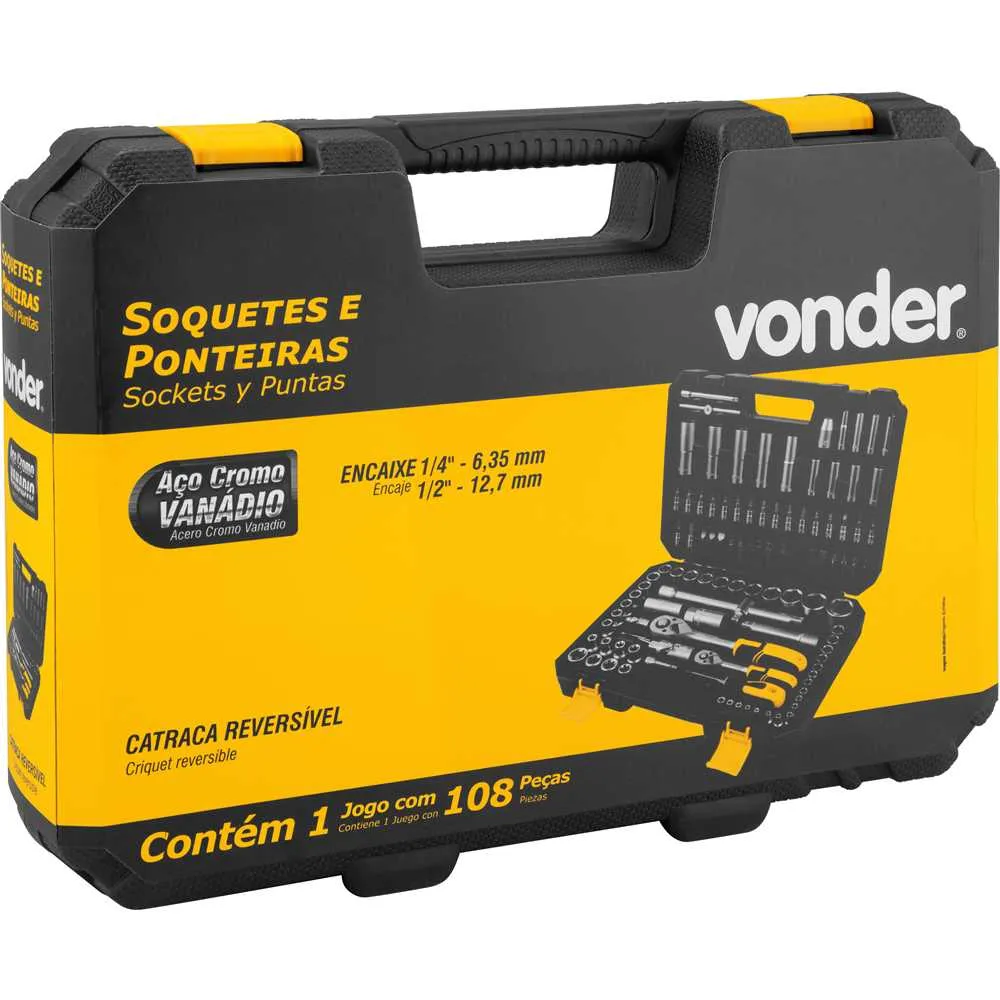 Jogo de Soquetes Encaixe 1/2 e 1/4 com Catraca 108pcs Vonder