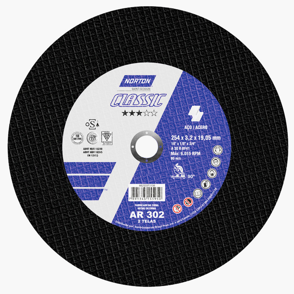 Disco Classic AR302 10 pol x 2T x 3/4 polegadas Norton Disco Classic AR302 10 pol x 2T x 3/4 polegadas Norton