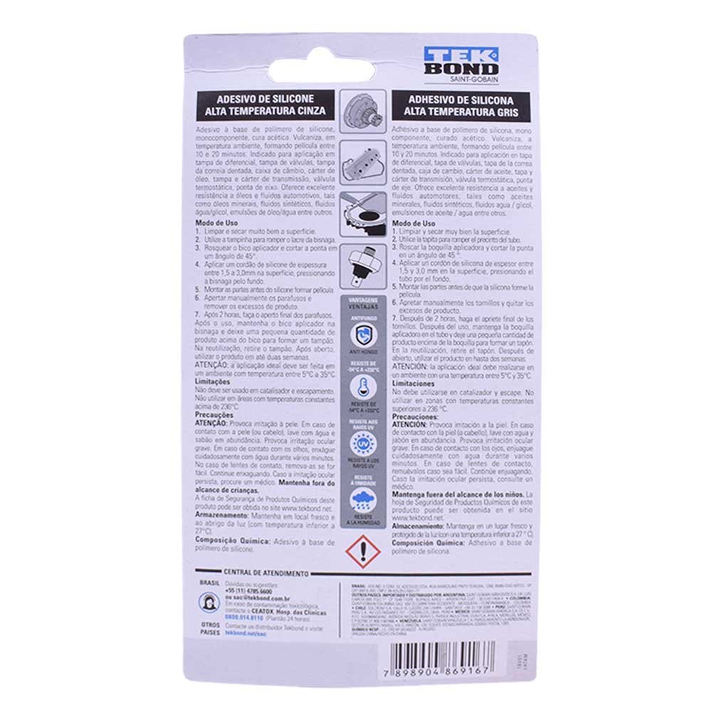 Silicone Acético Cinza Alta Temperatura 50g Tekbond 
