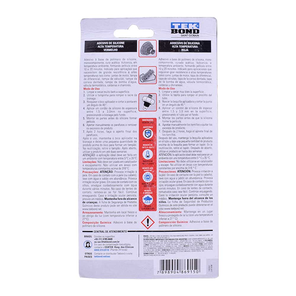 Silicone Acético Vermelho Alta Temperatura 50g Tekbond 