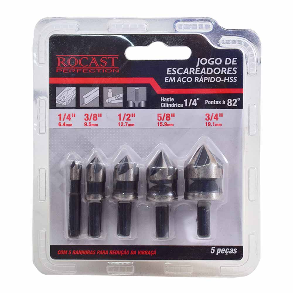 Jogo de Escareadores 1/4 Pol -3/4 Pol 05 Peças Rocast
