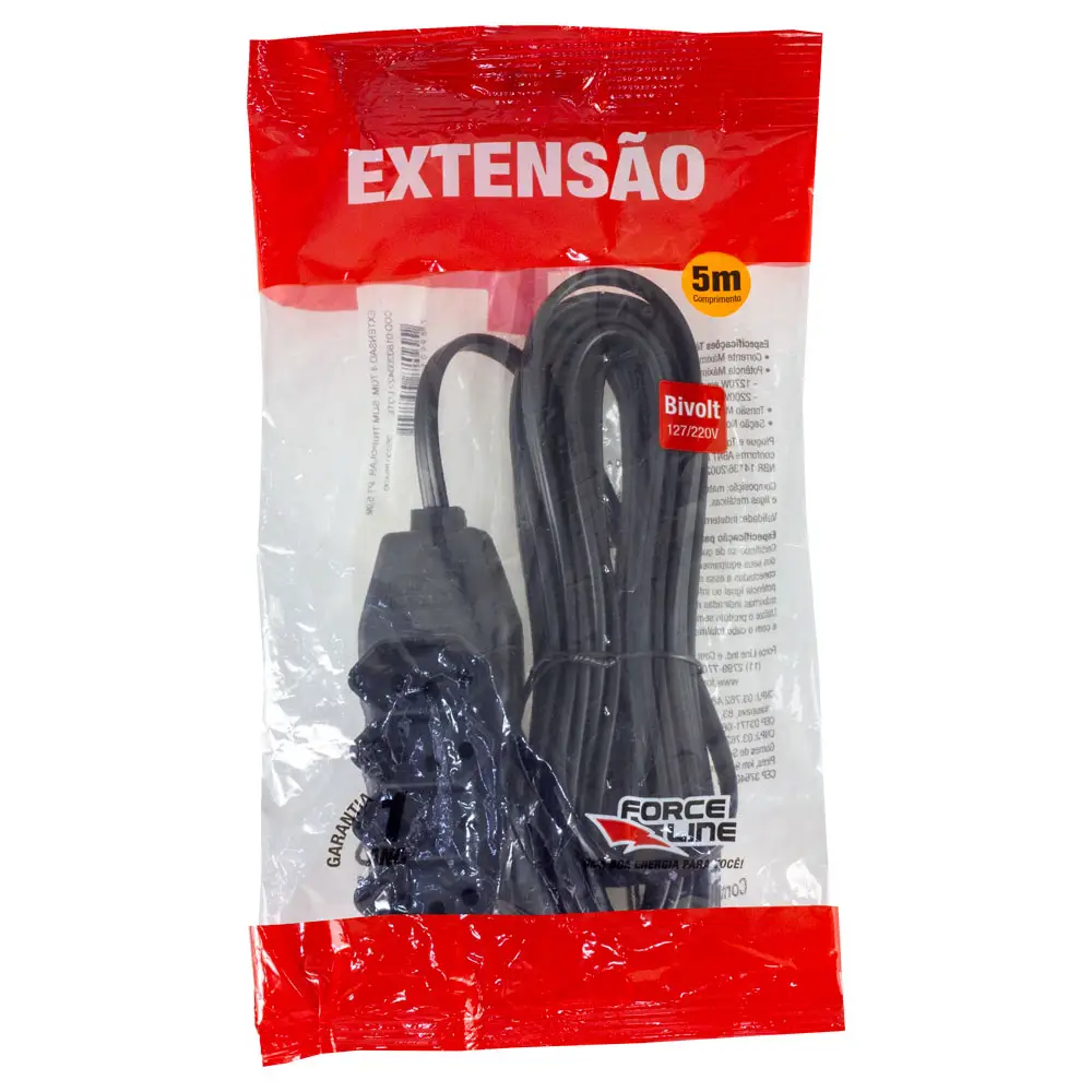 Extensão Tripolar Slim 10A Cabo 5m 4 Tomadas Force Line