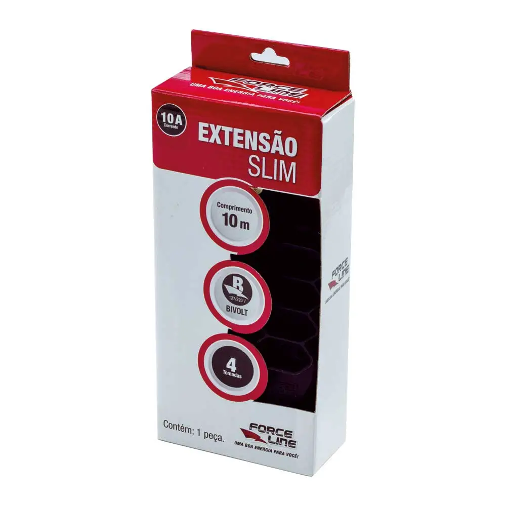 Extensão Tripolar Slim 10A Cabo 10m 4 Tomadas Force Line