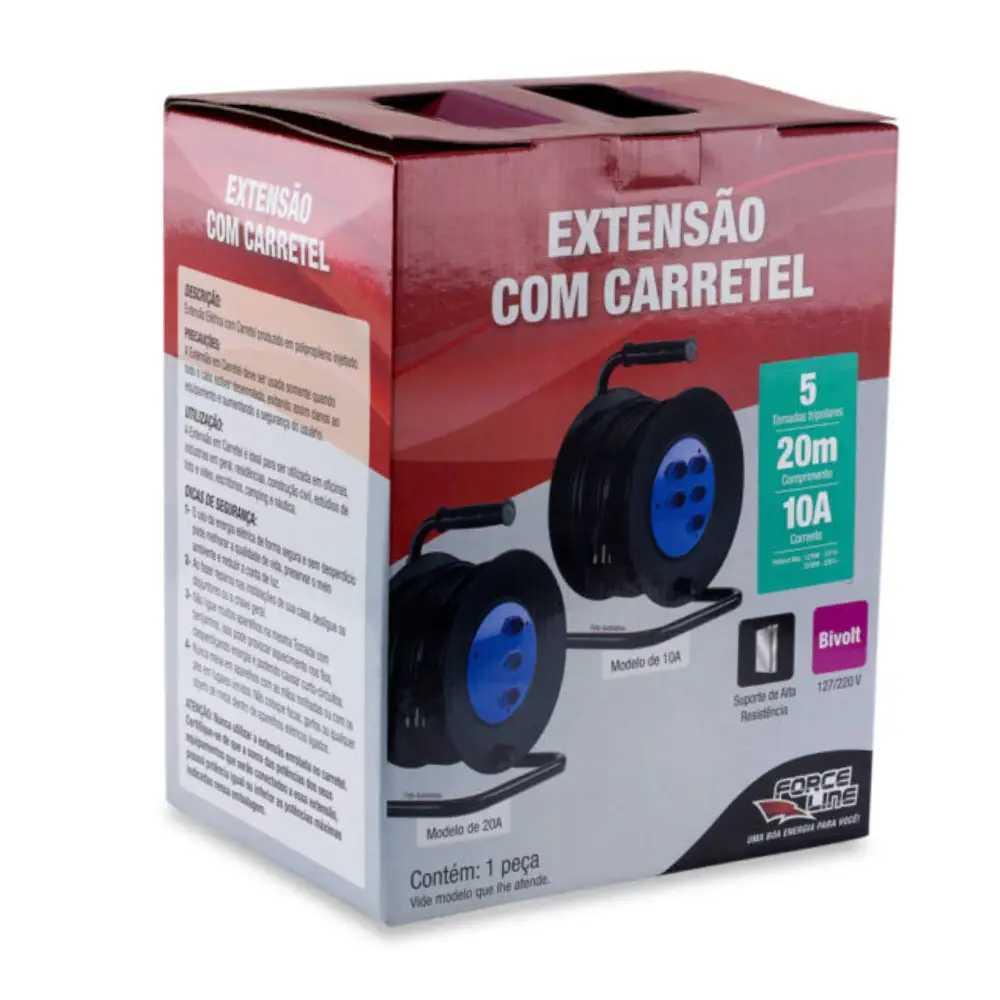 Extensão com Carretel 20m 10A 5 Tomadas Force Line