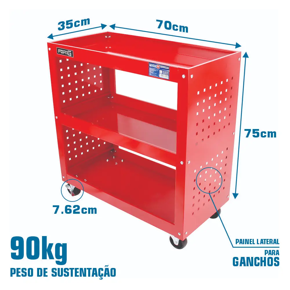 Carrinho Fechado 70x35x75cm com 3 Prateleiras FG6001S Fortg