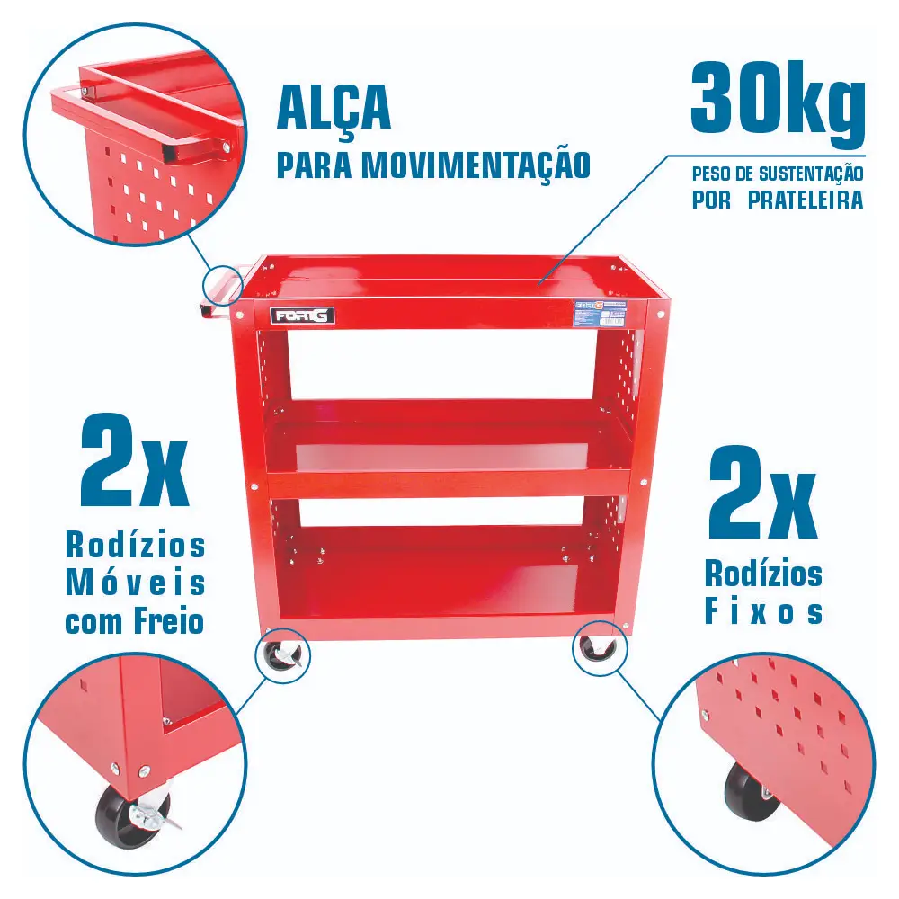 Carrinho Fechado 70x35x75cm com 3 Prateleiras FG6001S Fortg