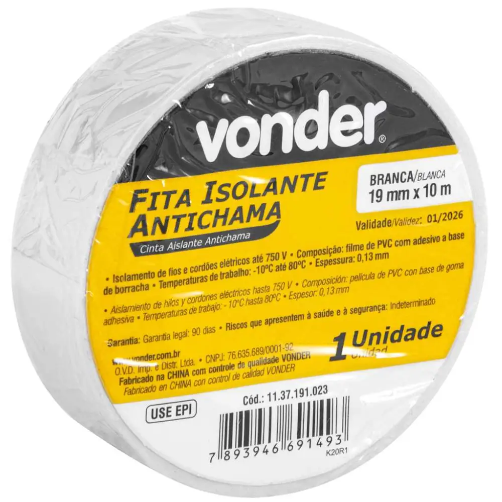 Fita Isolante 19mm x 10m Branca Vonder