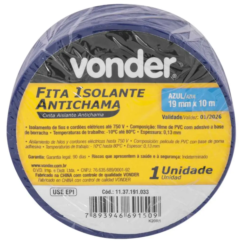 Fita Isolante 19mm x 10m Azul Vonder