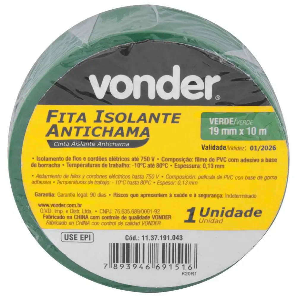 Fita Isolante 19mm x 10m Verde Vonder