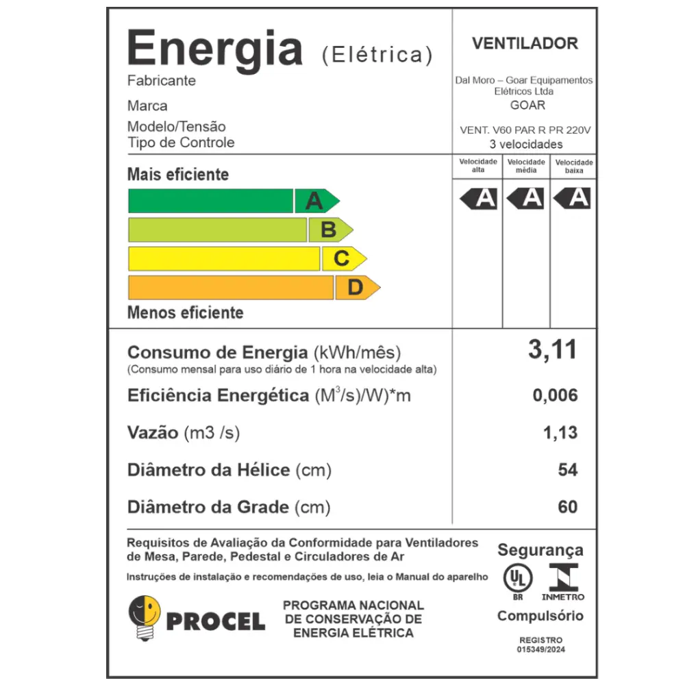 Ventilador de Parede 60cm Preto 110/220V V60PPRRB Goar
