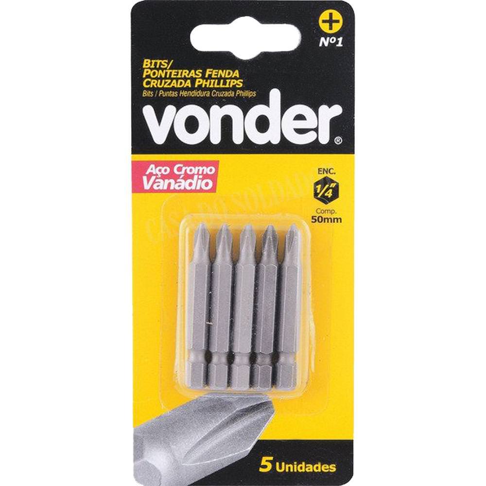 Jogo de Bits Phillips Com 5 Peças Encaixe 1/4Pol N1 x 50mm Vonder