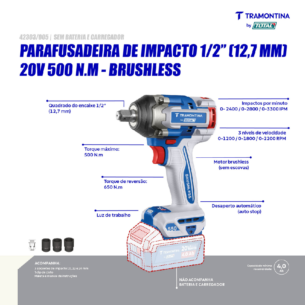 Chave de Impacto Tramontina 1/2 20V Sem Bat./Carreg.