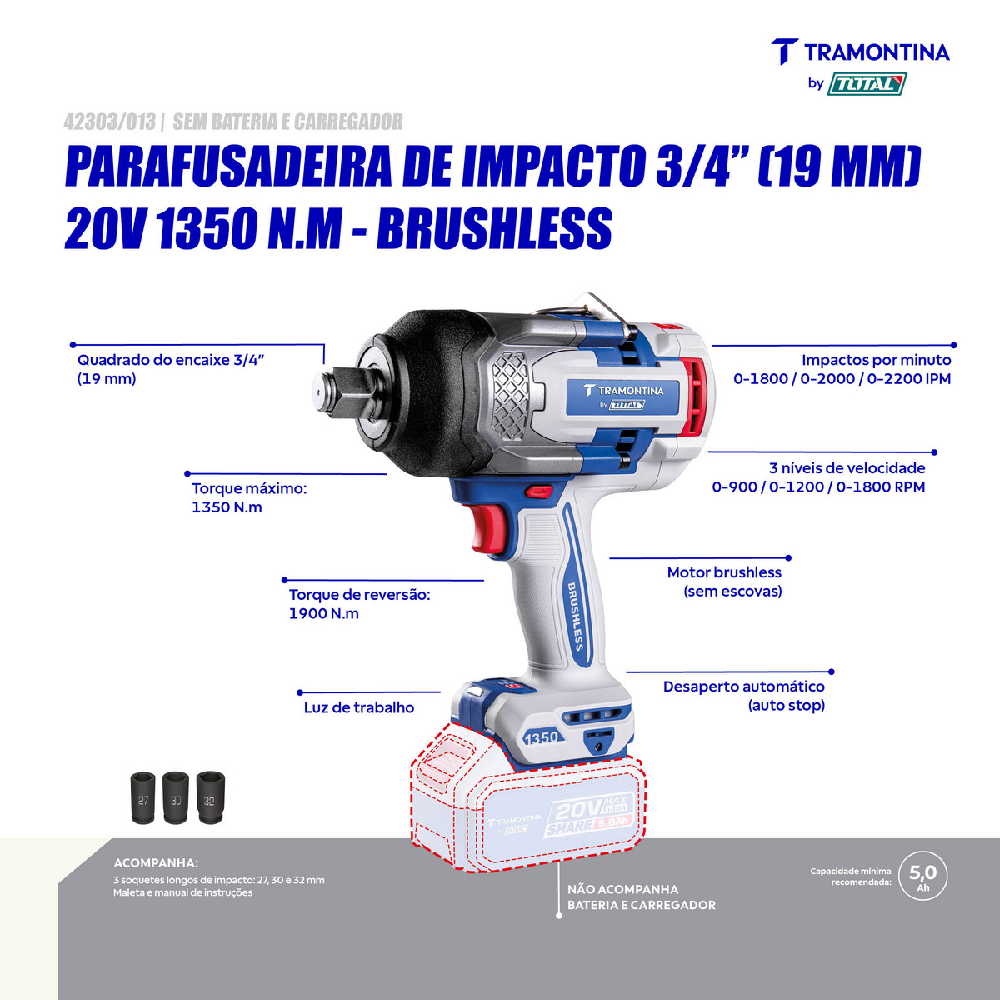 Chave de Impacto Tramontina 3/4 20V Sem Bat./Carreg.