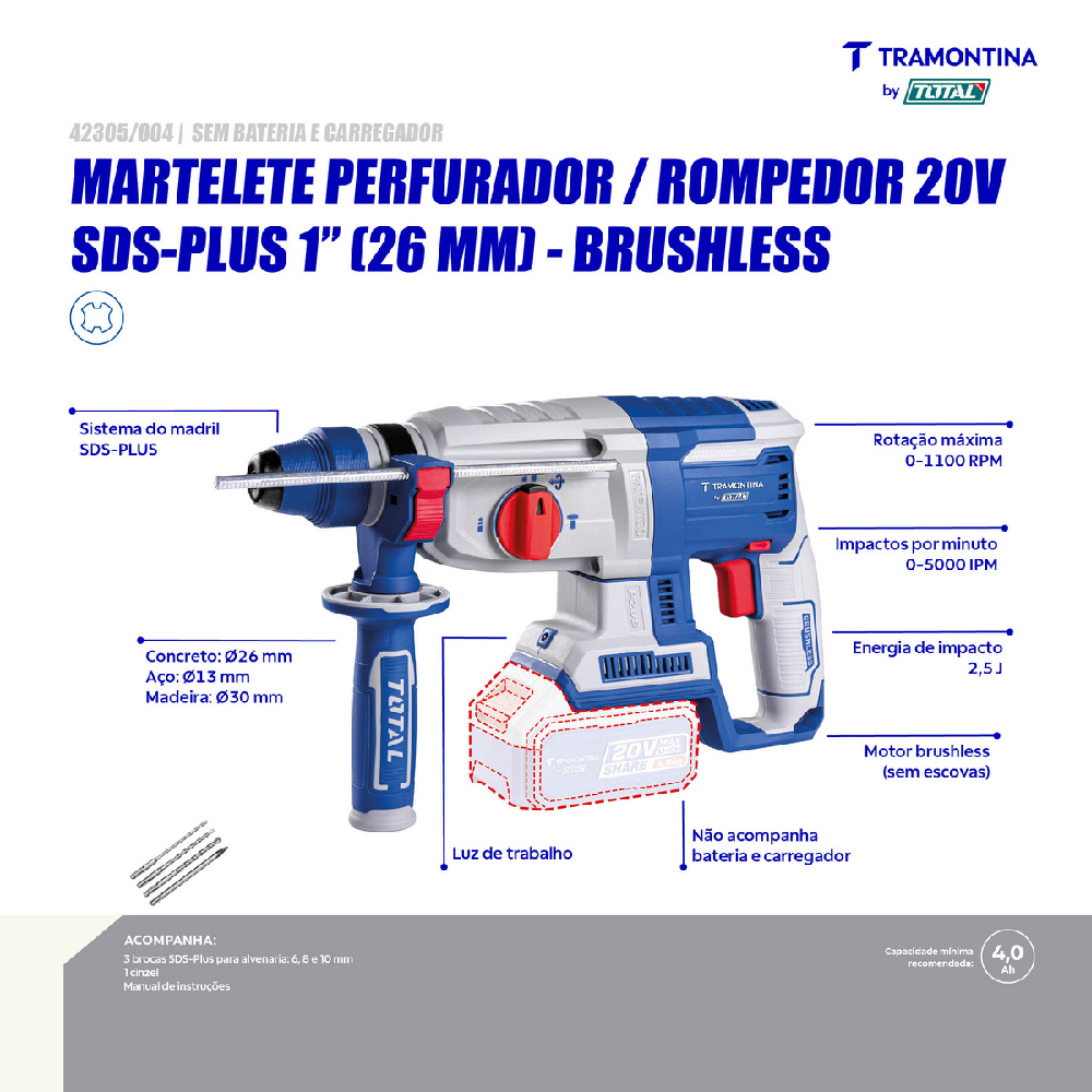 Martelete Rompedor Tramontina SDS Plus 1 20V Sem Bat./Carreg.