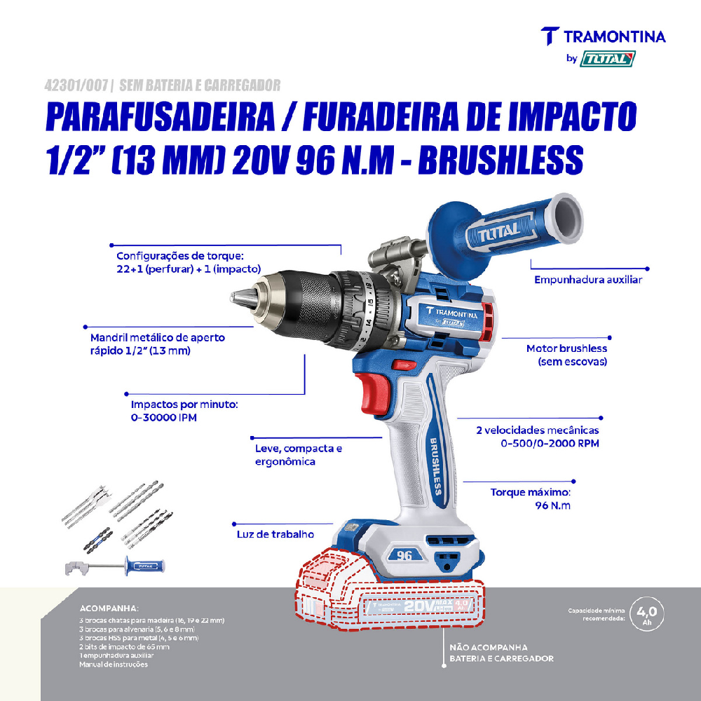 Furad/Paraf. Tramontina 20V 1/2 S/ Carregador e Bateria