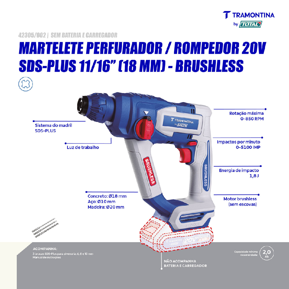 Martelete Rompedor SDS Plus 11/16 20V Sem Bat/Carreg.