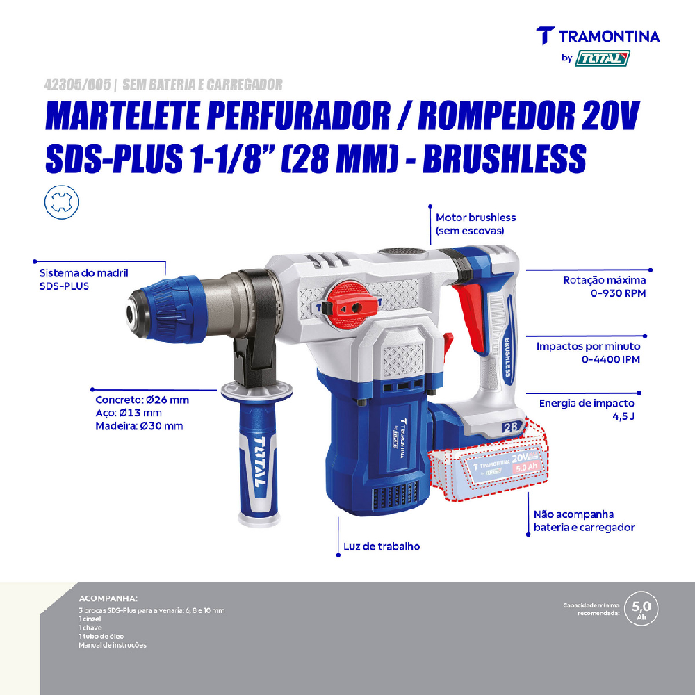 Martelete Perfurador Rompedor Tramontina SDS 1.1/8 20V
