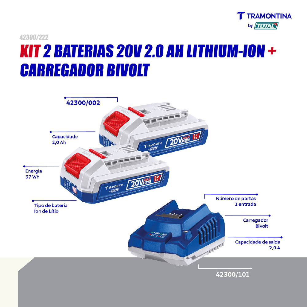 Kit 2 Baterias 20V 2,0Ah c/ Carregador Tramontina By Total