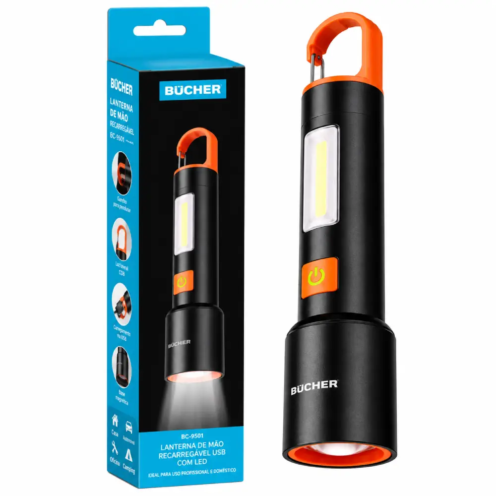 Lanterna Manual Recarregável USB Pesca Camping EC6437 Bucher