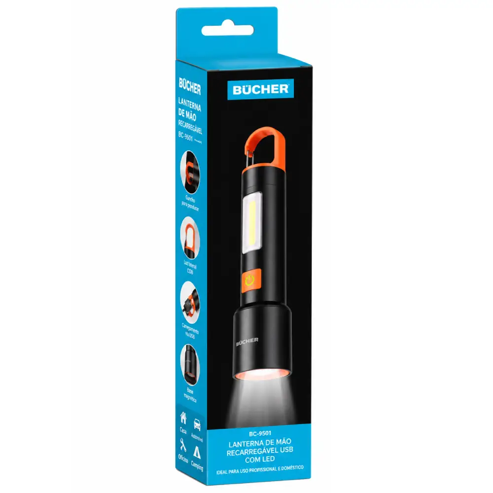 Lanterna Manual Recarregável USB Pesca Camping EC6437 Bucher